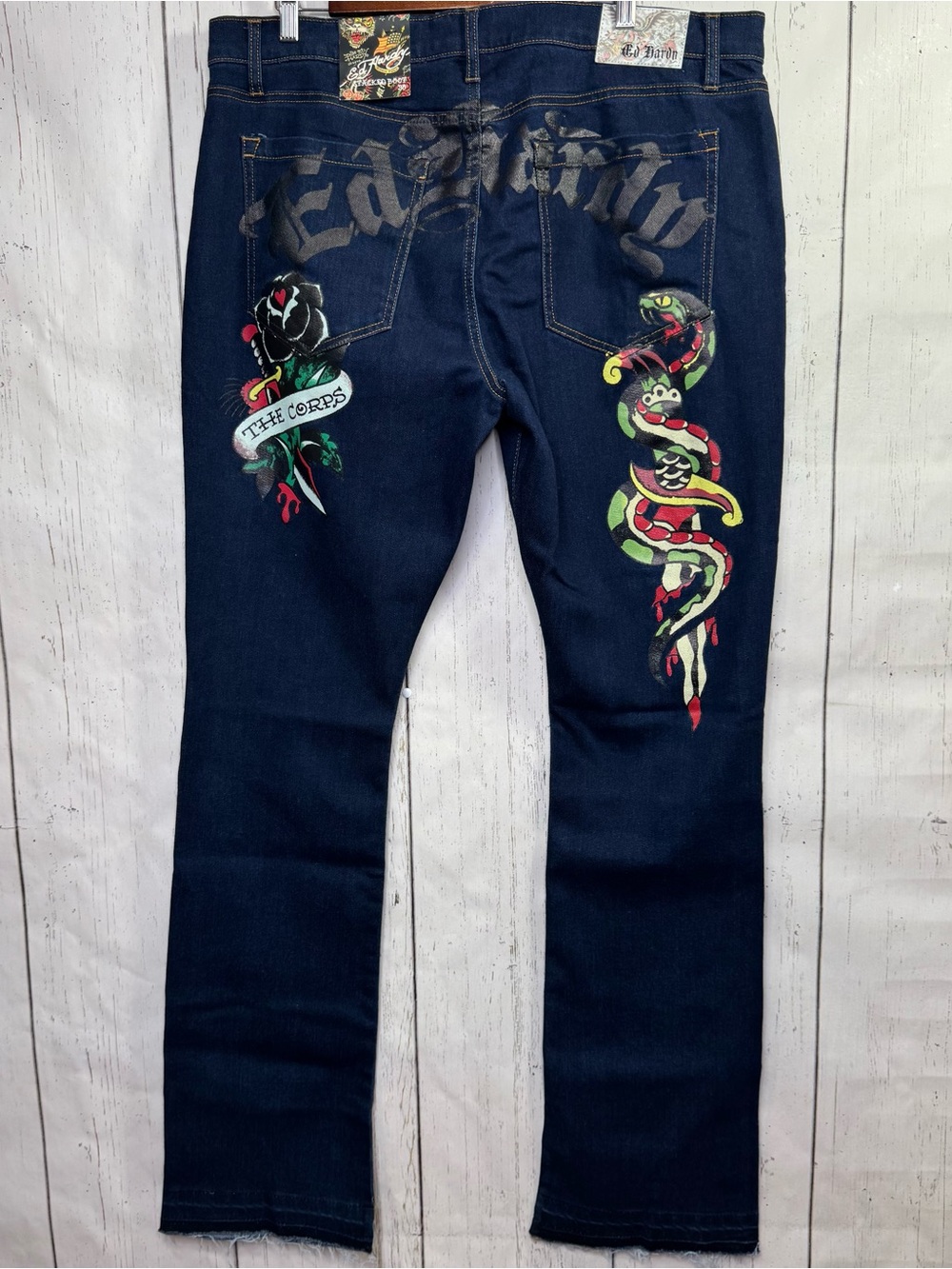 Ed Hardy Denim Jeans 38 Snake Rose Embroidered Straight Y2K Tattoo Grunge NWT